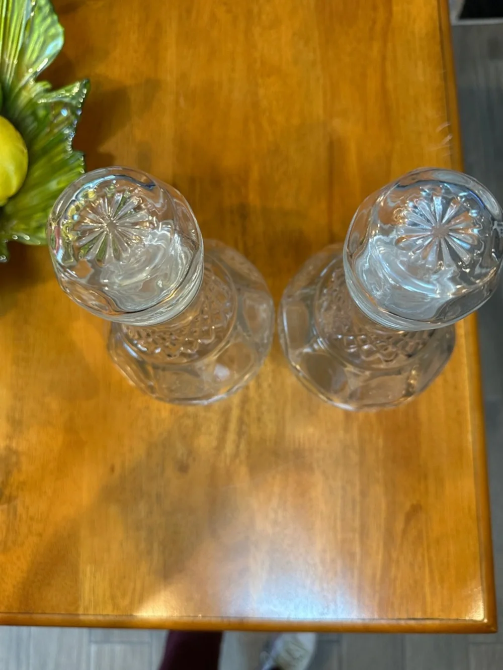 Vintage Royal Crown decanters w/ original stoppers. Etched grape & crown design